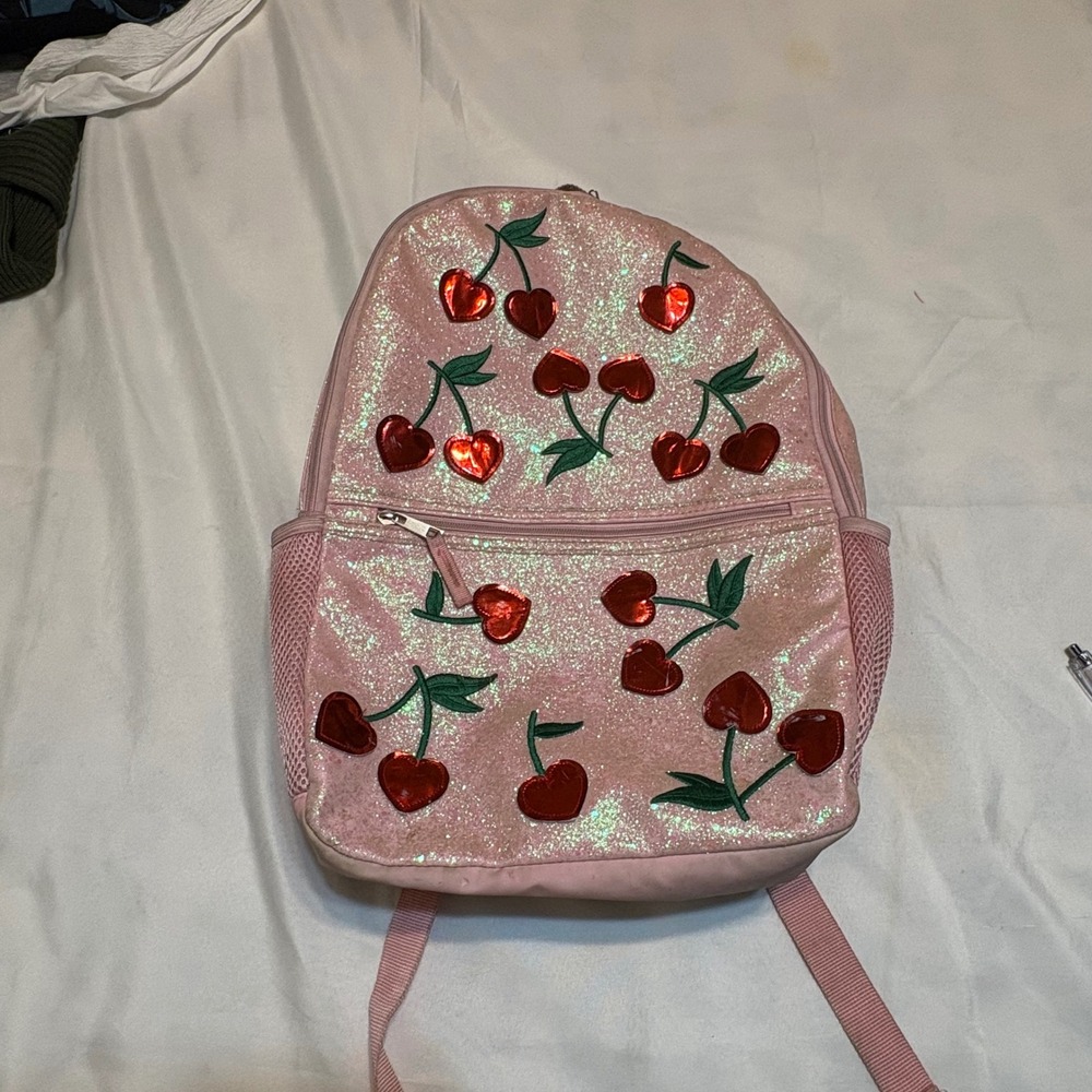 Pink Glitter Heart Cherry Backpack Kids School Bag Reflective Straps